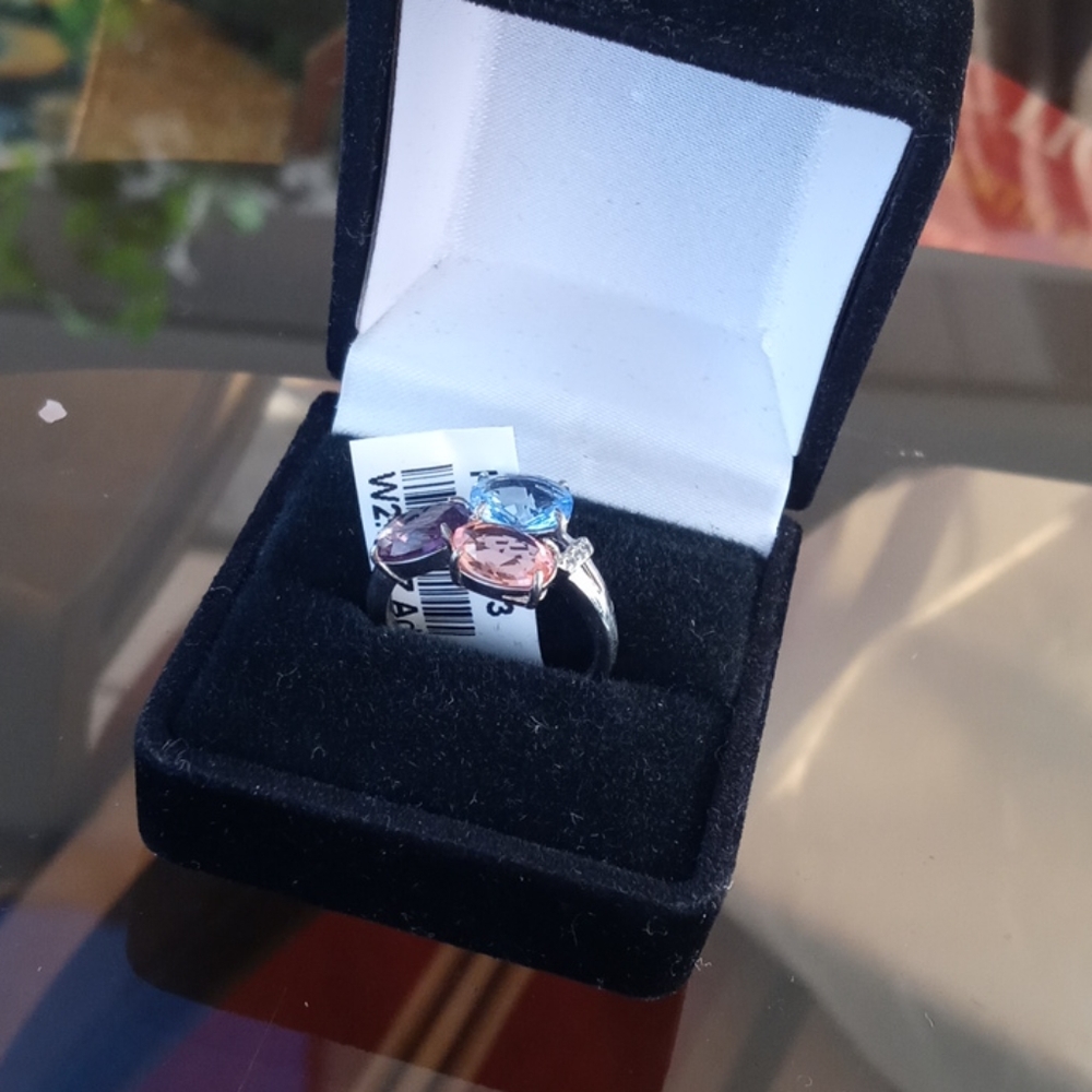 New 925 SS Multi Gemstone Ring, Sz Adj-7